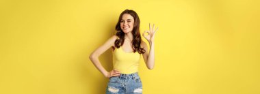 Very good, okay. Smiling coquettish woman showing ok, satisfactory sign gesture, pleased by smth, recommending, standing over yellow background.