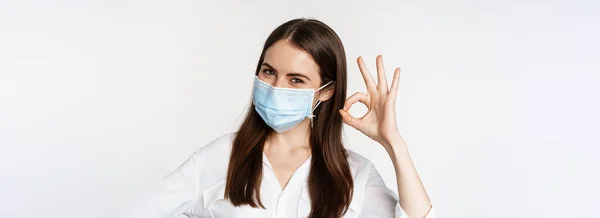 Close Portrait Smiling Female Office Worker Medical Mask Woman Showing — Stok fotoğraf