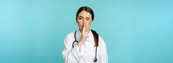 Smiling Cute Doctor Woman Shush Press Hush Shh Sign Finger — Foto de Stock