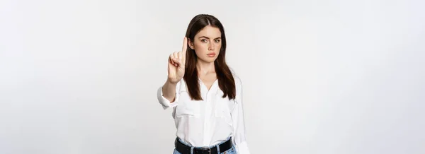 Serious Woman Showing Taboo Stop Gesture Shaking Finger Disapproval Disagree — ストック写真