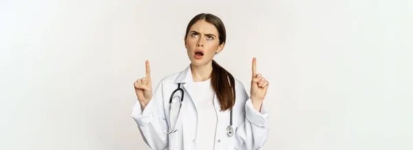 Sad Disappointed Female Doctor Frowning Frustrated Pointing Fingers Complaining Standing — ストック写真