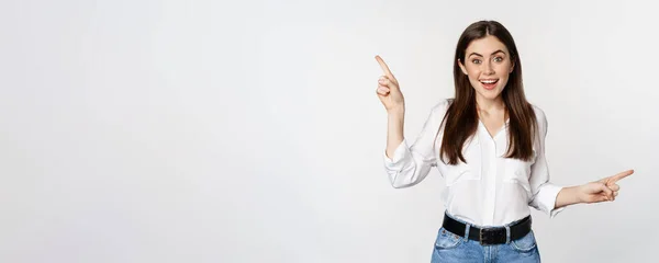 Happy Smiling Adult Woman Pointing Sideways Showing Two Choices Products — 图库照片