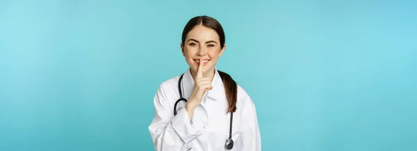 Smiling Cute Doctor Woman Shush Press Hush Shh Sign Finger — Stok fotoğraf
