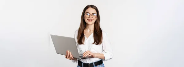 Portrait Young Office Woman Entrepreneur Answer Clients Laptop Working Computer — стоковое фото