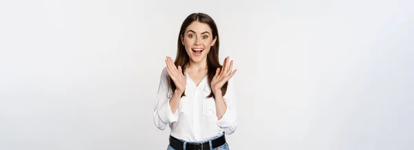Enthusiastic Laughing Woman Smiling Amused Clapping Hands Applausing Standing Formal — Foto de Stock