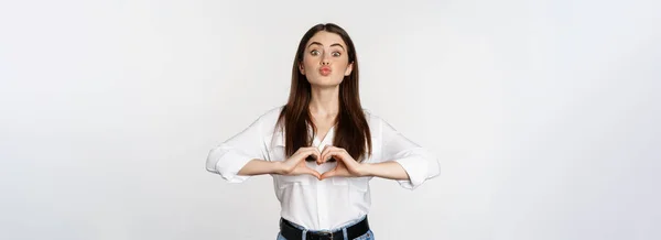 Lovely Feminine Woman Showing Heart Sign Romantic Gesture Smiling Care — Stockfoto