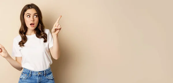 Happy Authentic Girl Smiling Pointing Fingers Sideways Showing Left Right — Foto de Stock
