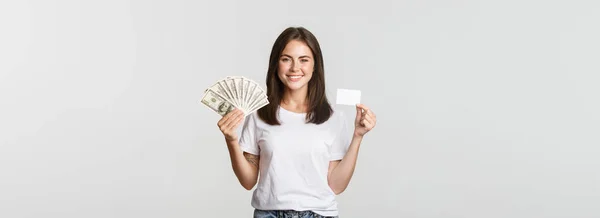 Portrait Excited Smiling Girl Holding Money Credit Card White Background — Stock Photo, Image