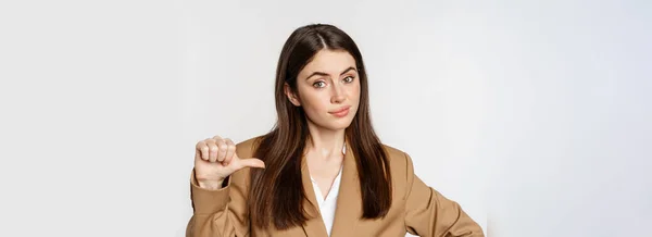 Portrait Confident Saleswoman Businesswoman Pointing Herself Looking Real Professional White — Zdjęcie stockowe