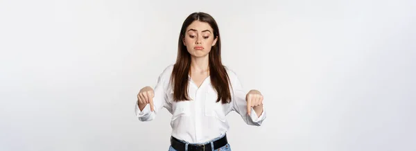 Disappointed Young Woman Pointing Fingers Looking Regret Sadness Standing Blouse — Stockfoto