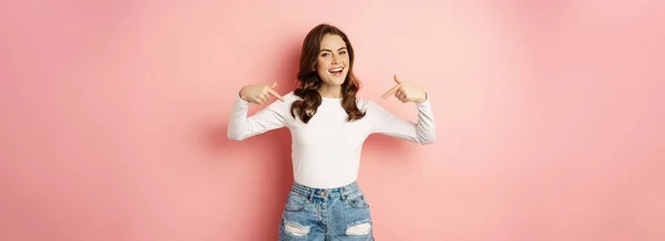 Self Confident Young Happy Woman Stylish Girl Pointing Herself Smiling — Stock Photo, Image