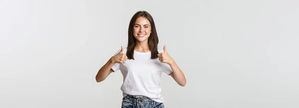 Happy Satisfied Young Woman Smiling Showing Thumbs Approval Something — Stock Photo, Image