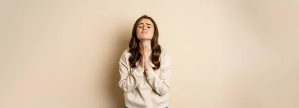 Woman Begging Pleading God Supplicating Say Please Standing Desperate Beige — Foto Stock
