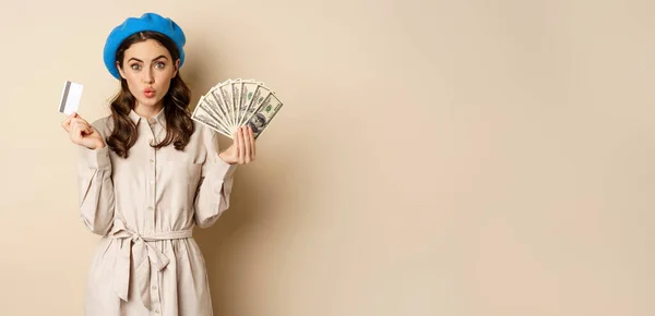 Microcredit Money Concept Young Stylish Woman Showing Credit Card Dollars — Photo