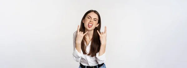 Rock Roll Young Woman Showing Rock Heavy Metal Sign Having — Stok Foto