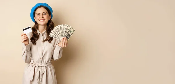 Microcredit Money Concept Young Stylish Woman Showing Credit Card Dollars — Photo