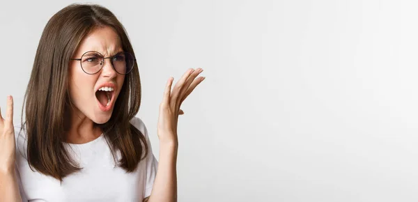 Close Angry Outraged Beautiful Woman Glasses Yelling Shaking Hands Having — Stock Photo, Image