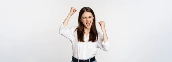 Excited Young Adult Woman Reacting Win Surprise News Screaming Cheering — Stock Fotó