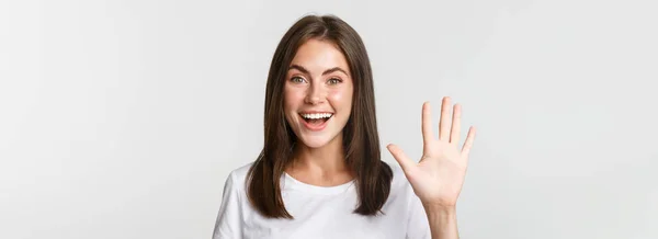 Close Cheerful Attractive Young Woman Smiling Showing Five Fingers White — Stock Photo, Image