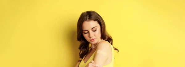 Covid Vaccination Close Portrait Young Millennial Woman Looking Patch Shoulder — 스톡 사진