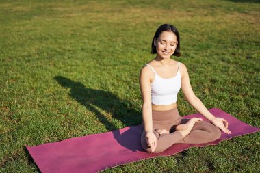 Özenli genç bir kadının portresi, yoga, egzersiz, nefes alıp verme, parkta temiz hava, lastik paspasın üzerinde oturmak..