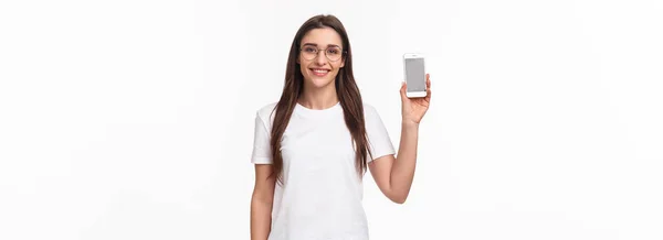 Komunikacja Technologia Koncepcja Stylu Życia Portret Szczęśliwej Uśmiechniętej Dziewczyny Okularach — Zdjęcie stockowe