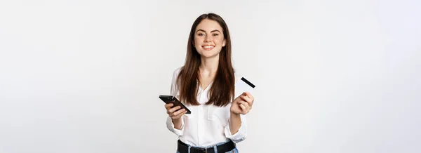 Smiling Modern Woman Using Credit Card Mobile Phone Paying Making — Foto de Stock