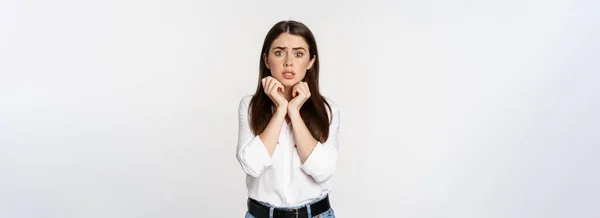 Portrait Brunette Woman Looking Concerned Worried Shocked Standing Overwhelmed White — Stock Photo, Image