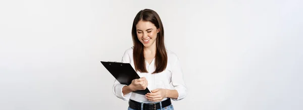 Portrait Corporate Woman Holding Clipboard Work Standing Formal Outfit White — Stockfoto