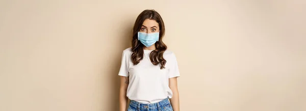 Covid People Concept Young Woman Medical Face Mask Shirt Looking — Zdjęcie stockowe