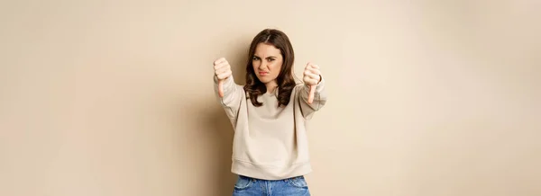 Very Bad Angry Woman Showing Dislike Thumbs Gesture Grimacing Aversion Stock Picture