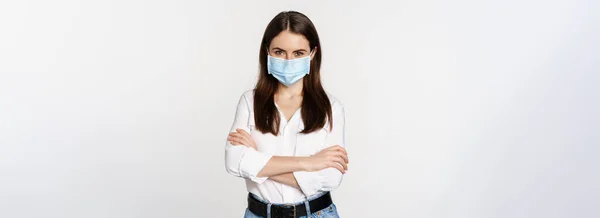 Professional Businesswoman Office Worker Cross Arms Chest Wearing Face Mask — стоковое фото