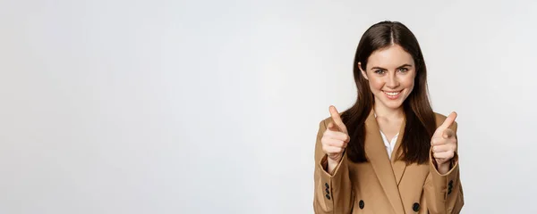 Enthusiastic Businesswoman Corporate Woman Showing Thumbs Smiling Complimenting Recommending Company — Stockfoto