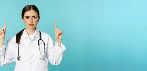 Sad Disappointed Healthcare Worker Doctor Pointing Fingers Frowning Upset Showing — Foto Stock