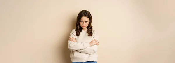 Angry Girlfriend Sulking Cross Arms Chest Look Offended Staring Moody — Foto de Stock