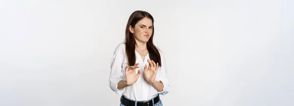 Displeased Woman Showing Stop Rejection Gesture Waving Hands Decline Refuse — 图库照片