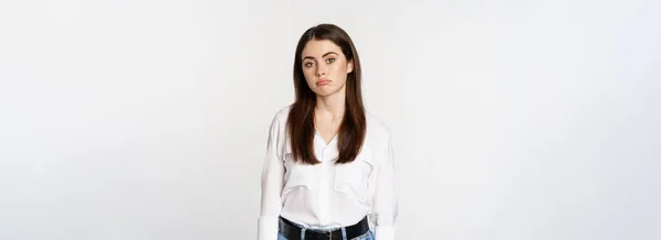 Sad Gloomy Woman Sulking Looking Disappointed Moody Standing Upset White — Foto Stock