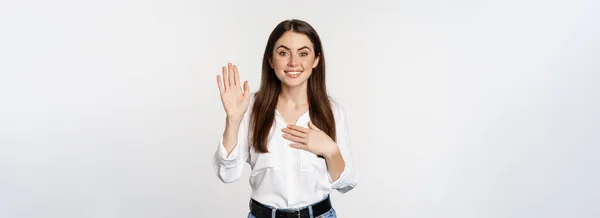 Friendly Cute Woman Raising Hand Introduce Herself Saying Name Pointing — Stock Photo, Image