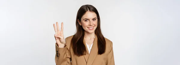 Portrait Corporate Woman Saleswoman Showing Number Three Fingers Smiling Standing — Foto de Stock