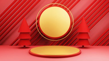 Noel ağacı ve ürün sergisi için sahne podyumu olan Noel arkaplanı. 3d oluşturma.