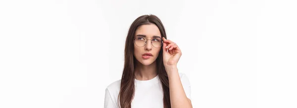 Close Portrait Smart Thoughtful Beautiful Young Girl Glasses Thinking Squinting — Stock Photo, Image