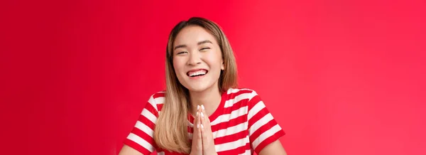 閉じる気軽に笑うかわいいアジアの女の子を手を祈る保持し 友人の助けに感謝の笑顔を広く 肯定的な幸せな気分好意を求めて冗談を お願いのアドバイス赤の背景に立つ — ストック写真