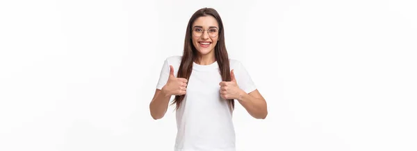Good Idea Lets Enthusiastic Smiling Caucasian Woman Glasses Fully Support — Stock Photo, Image