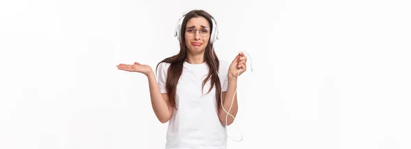 Technology Lifestyle Music Concept Portrait Awkward Frustrated Young Gloomy Girl — Stock Photo, Image