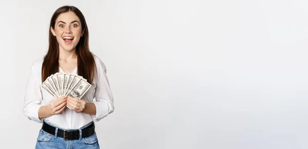 Portrait Beautiful Woman Holding Money Cash Smiling Pleased Standing White — ストック写真