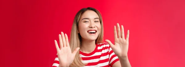 Fine Give Emotive Happy Outgoing Young Cute Asian Girl Laughing — Stock Photo, Image