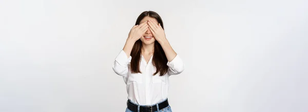 Smiling Happy Woman Waiting Surprise Shut Eyes Hands Standing Blindsided — Stockfoto