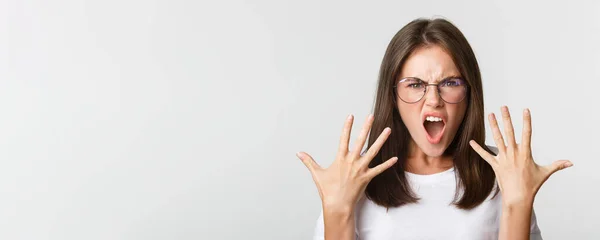 Close Angry Furious Young Woman Glasses Arguing Complaining White Background — Stock Photo, Image