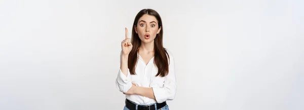 Portrait Woman Raising Finger Pointing Suggesting Smth Has Solution Reveal — Stockfoto