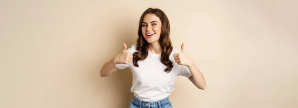 Excellent Work Happy Young Woman Showing Thumbs Approval Smiling Standing — ストック写真